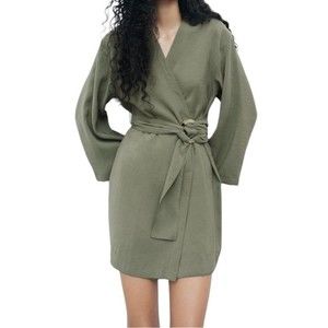 Zara Long Sleeve Mini Belted Wrap Dress Olive Green Women’s Size XL Extra Large